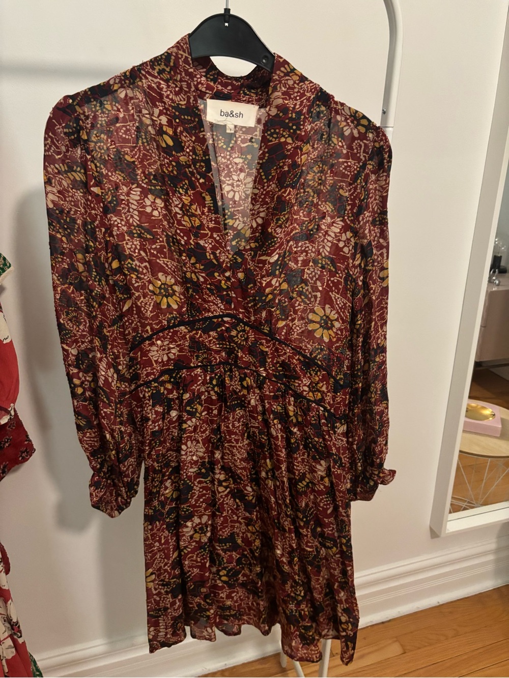 ba&sh Women's Burgundy Floral V-Neck Long Sleeve Dress